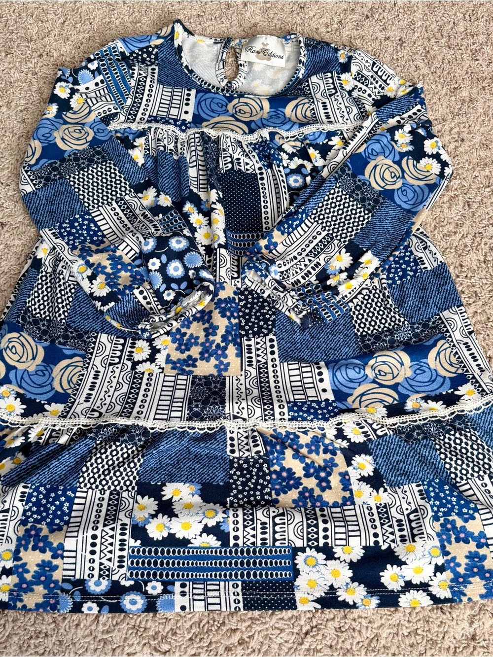Rare Editions Girls’ Blue Floral Patchwork Dress Size 6